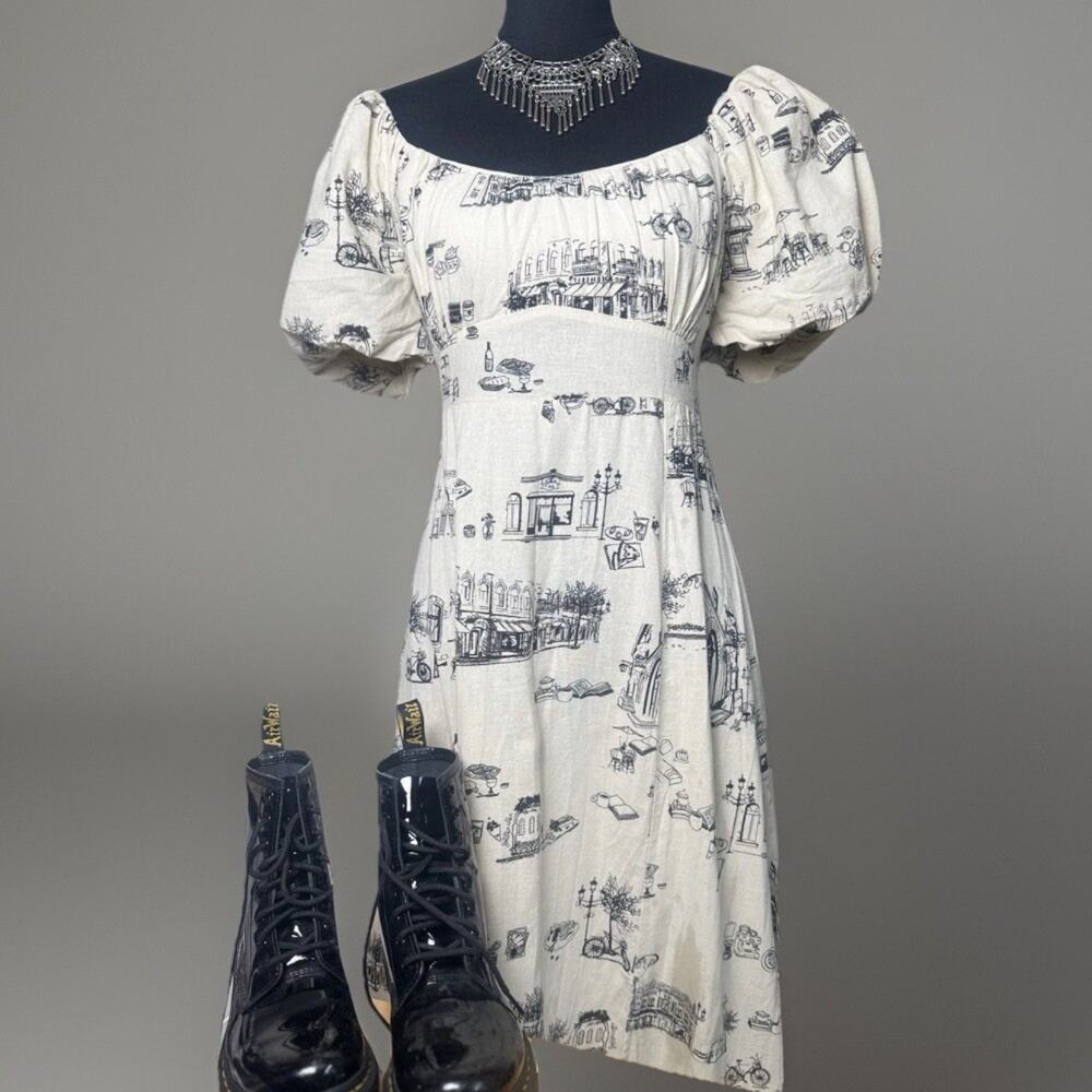 Paris Café Toile Print | Linen Blend | Puff Sleeve | Cottagecore | Midi Dress - Picture 2 of 7